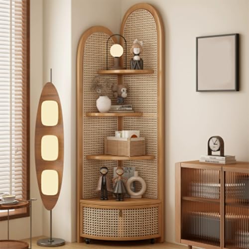Jidanmian Rattan-Eckregal, Bambus-Eckregal mit abnehmbarem Aufbewahrungskorb, platzsparendes, freistehendes im Retro-Stil für Schlafzimmer, Wohnzimmer und Home Office(Natural) von Jidanmian