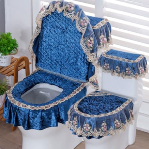 Jidanmian Toilettenmatte mit Samtstickerei, weicher Mikrofaser-WC-Deckelbezug, Rutschfester, wärmender und bequemer Toilettensitzbezug/Deckelbezug/Tankbezug-Set, 3-teilig(Blue) von Jidanmian
