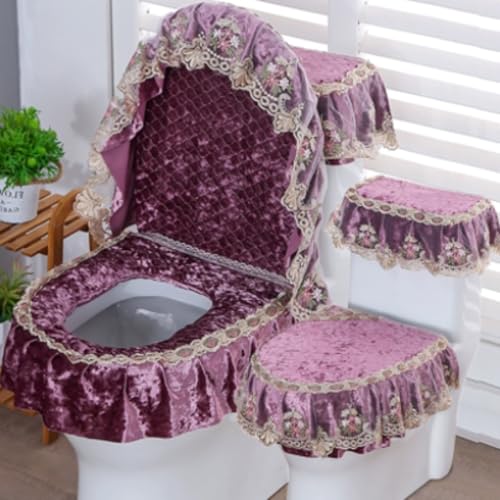 Jidanmian Toilettenmatte mit Samtstickerei, weicher Mikrofaser-WC-Deckelbezug, Rutschfester, wärmender und bequemer Toilettensitzbezug/Deckelbezug/Tankbezug-Set, 3-teilig(Purple) von Jidanmian