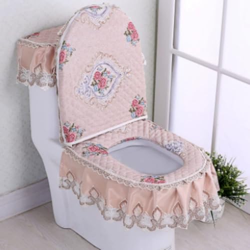 Jidanmian Toilettenmatte mit Samtstickerei und Spitze, weicher Mikrofaser-WC-Deckelbezug, wärmerer, waschbarer WC-Sitzbezug/Deckelbezug/Tankbezug, 3-teilig(A) von Jidanmian
