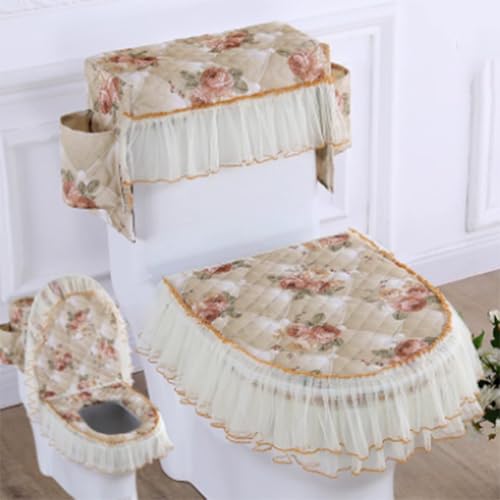 Jidanmian Toilettenmatte mit Samtstickerei und Spitze und Aufbewahrungstasche, Toilettensitzbezug/Deckelbezug/Tankabdeckung, 3-teiliges Set(A) von Jidanmian