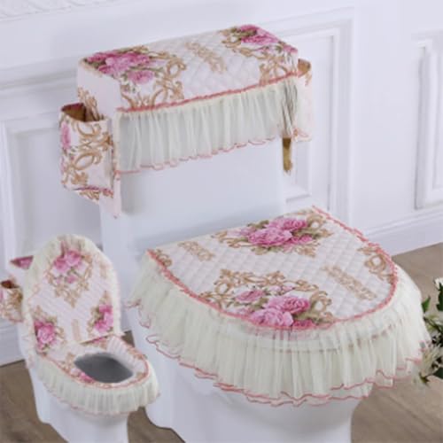 Jidanmian Toilettenmatte mit Samtstickerei und Spitze und Aufbewahrungstasche, Toilettensitzbezug/Deckelbezug/Tankabdeckung, 3-teiliges Set(J) von Jidanmian