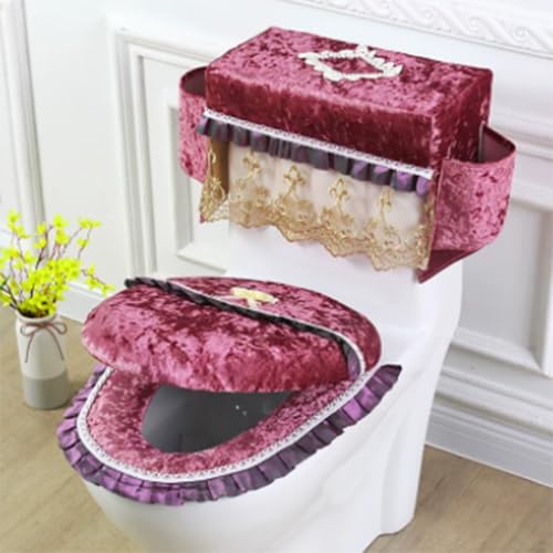 Jidanmian Toilettensitzbezug mit Samtstickerei, Toilettensitzbezug/Deckelbezug/Spülkastenbezug-Set, Toilettensitzkissen mit Gummiband, maschinenwaschbar, für Standard-WCs(Pink) von Jidanmian