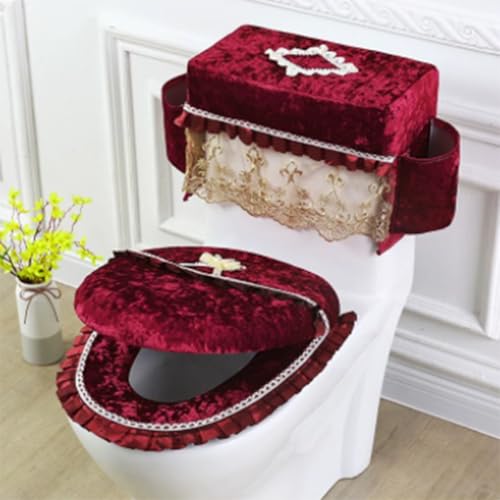 Jidanmian Toilettensitzbezug mit Samtstickerei, Toilettensitzbezug/Deckelbezug/Spülkastenbezug-Set, Toilettensitzkissen mit Gummiband, maschinenwaschbar, für Standard-WCs(Red) von Jidanmian
