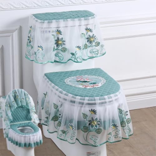 Jidanmian WC-Vorlegerset aus Samt mit Spitze und Doppelreißverschluss, weicher WC-Deckel, WC-Spülkasten und Sitzbezug, 3-teiliges Set, WC-Sitzbezug mit floraler Stickerei, für alle Jahreszeiten(D) von Jidanmian