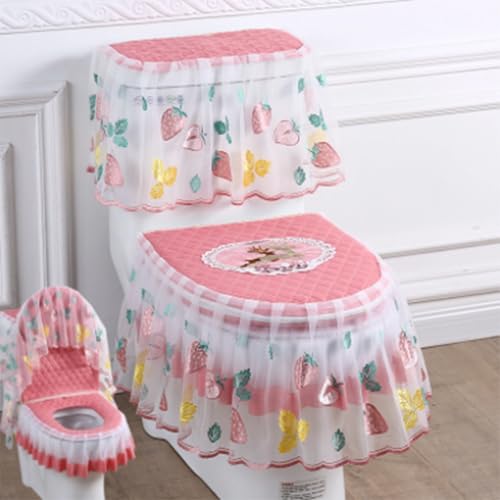 Jidanmian WC-Vorlegerset aus Samt mit Spitze und Doppelreißverschluss, weicher WC-Deckel, WC-Spülkasten und Sitzbezug, 3-teiliges Set, WC-Sitzbezug mit floraler Stickerei, für alle Jahreszeiten(E) von Jidanmian