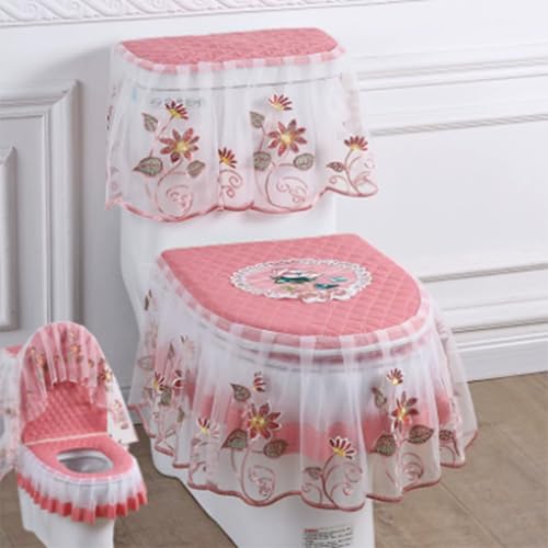 Jidanmian WC-Vorlegerset aus Samt mit Spitze und Doppelreißverschluss, weicher WC-Deckel, WC-Spülkasten und Sitzbezug, 3-teiliges Set, WC-Sitzbezug mit floraler Stickerei, für alle Jahreszeiten(F) von Jidanmian
