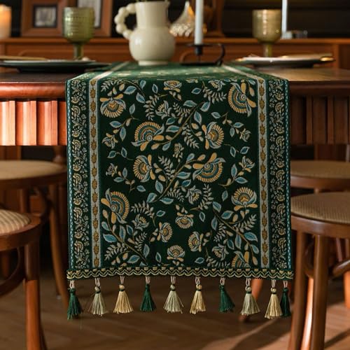 Luxuriöser Tischläufer mit Multi-Quasten, Elegante Lange Stickerei Jacquard Tischdecke für Esszimmer Wohnzimmer Couchtisch Kommode, Party Bankett Deko, Grün, 35x180 cm (Moosgrün mit Ranken, 35×180 cm) von Jiddado