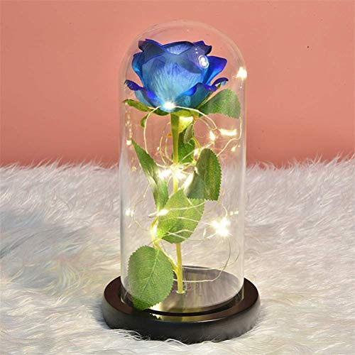 Ewige Rose unter Glocke, Set LED Light Verzauberte Rose, Kuppel aus Glas, Die Schöne und das Biest, Rosa aus Seide, für Muttertag, Valentinstag, Geburtstag, Hochzeit, Symbol der Liebe (blaue Blume) von Deolven