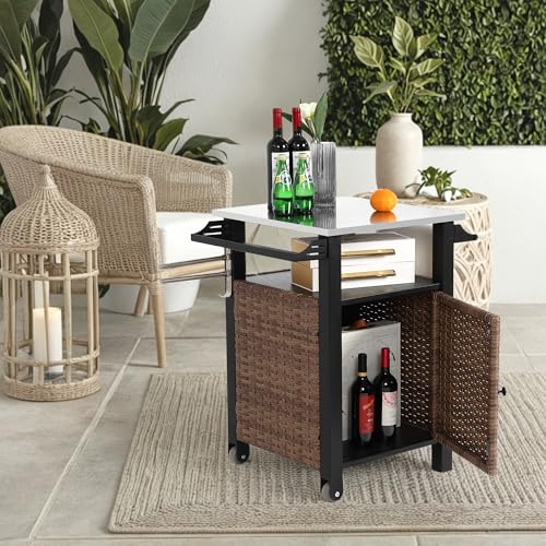 Jigichu Single Door bar cart,Outdoor Kitchen Wicker Island Rolling Cart & Storage Cabinet, Wheels and Stainless Steel Extended Table Top, Side Handle for Patio Kitchen or Bar Cart, Brown von Jigichu