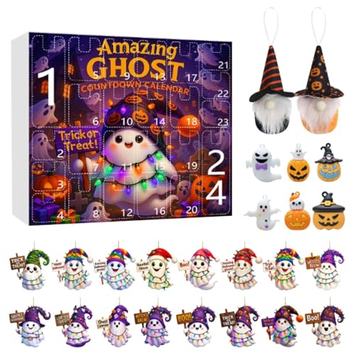 Jiimhte Halloween Advent 24 Boxen Geist Thema | Gruseliger Countdown-Kalender | Acryl Ornament 2D Dekoration für Urlaub Kinder Party Erwachsene Mädchen Baum von Jiimhte