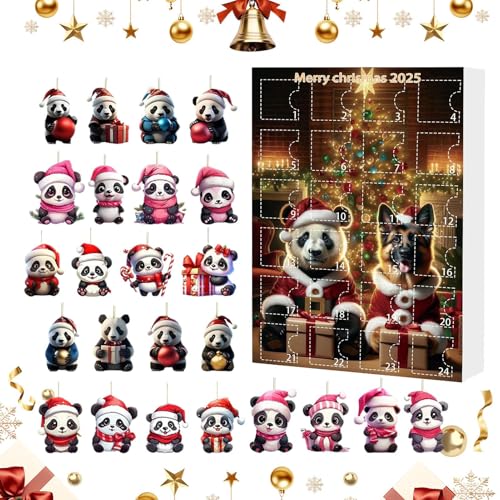 Jiimhte Weihnachtsbaumschmuck - Auto Rückspiegel 2D Acryl Panda Ornament - 24-Tage-Countdown-Kalender 2025 für Kinder Erwachsene, Tieranhänger für Weihnachtsbaum Auto Rückspiegel Party Wand von Jiimhte