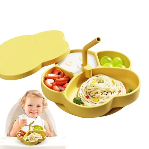 Silikon Baby Teller, Silikon Unterteilte Saugplatten, Kinderteller Mit Strohhalm Und Deckel, Silikon Baby Teller Rutschfest Kinder Tischset Mit Saugnäpfen, Baby Entwöhnungsutensilien von Jiimhte