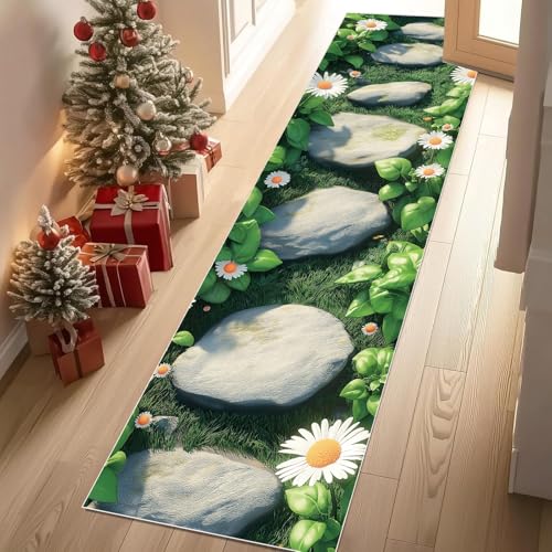 Jijliczc 3D Steine Straße Teppich Flur Läufer 60 x 240 cm Gänseblümchen Blumen Anlage Teppichläufer Küchenläufer Teppiche rutschfest Waschbar für Bettvorleger Flur Küche Waschküche von Jijliczc