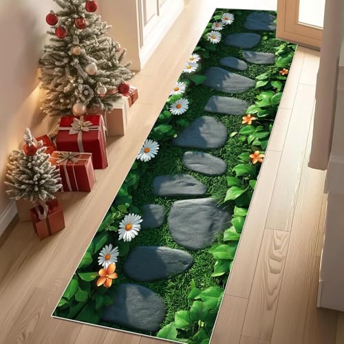 Jijliczc 3D Steine Straße Teppich Flur Läufer Gänseblümchen Blumen Anlage Teppichläufer Küchenläufer Carpet rutschfest Waschbar für Bettvorleger Flur Küche Waschküche 66x213 cm von Jijliczc