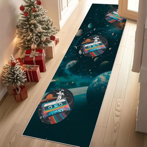 Jijliczc Audiokassette Raum Erde Teppich Flur Läufer 60 x 240 cm Karikatur Planet Teppichläufer Küchenläufer Teppiche rutschfest Waschbar für Bettvorleger Flur Küche Waschküche von Jijliczc
