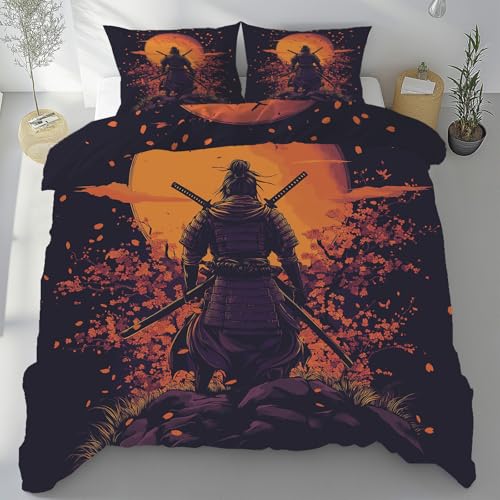 Jijliczc Bed Linen Set Japan Krieger Bettwäsche 3teiligSonne Blumen Blütenblatt Bettbezüge 135x200 2 Kissenbezüge Polyester Mikrofaser Mit Reißverschluss Geeignet für Jungen und Mädchen von Jijliczc