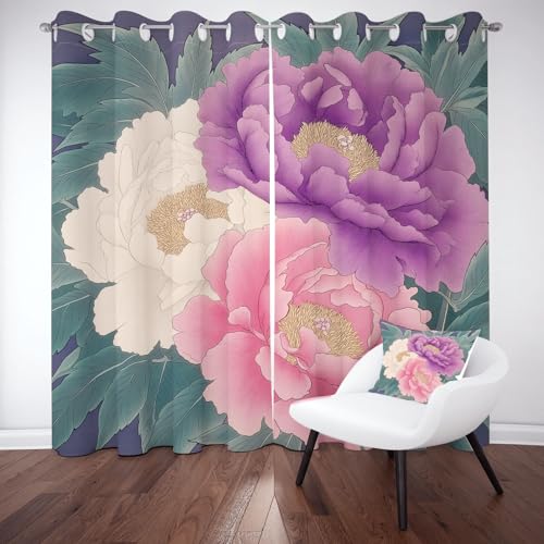Jijliczc Blackout Vorhang 260x140cm Pfingstrose Blumen Verdunklungsvorhänge mit Ösen Blumenmuster Anlage Blatt Vorhänge Blickdicht 2er Set für Wohnzimmer Kinderzimmer Schlafzimmer von Jijliczc