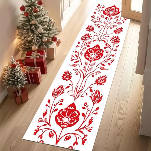 Jijliczc Blumen Anlage Blatt Teppich Läufer rutschfest Waschbar 80x200 cm, Rot Blumenmuster Pflanzendrucke Flurteppich Küchenteppich Teppichläufer für Bettvorleger Wohnraum Flur Waschküche von Jijliczc