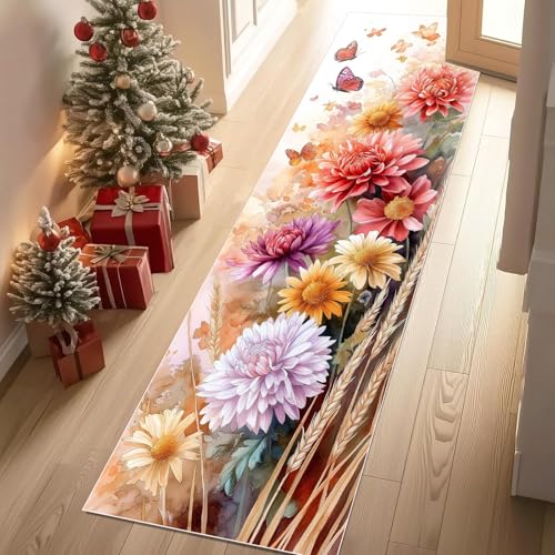 Jijliczc Blumen Anlage Schmetterling Teppich Flur Läufer 60 x 240 cm Blumenmuster Pflanzendrucke Teppichläufer Küchenläufer Teppiche rutschfest Waschbar für Bettvorleger Flur Küche Waschküche von Jijliczc
