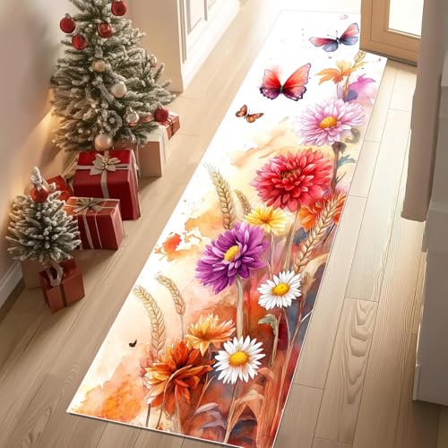 Jijliczc Blumen Anlage Schmetterling Teppich Flur Läufer Blumenmuster Pflanzendrucke Teppichläufer Küchenläufer Carpet rutschfest Waschbar für Bettvorleger Flur Küche Waschküche 66x213 cm von Jijliczc