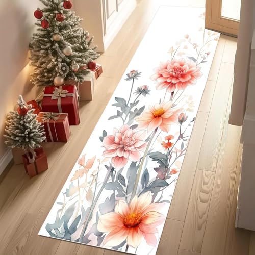 Jijliczc Blumen Anlage Teppich Läufer rutschfest Waschbar 80x200 cm, Blumenmuster Pflanzendrucke Flurteppich Küchenteppich Teppichläufer für Bettvorleger Wohnraum Flur Waschküche von Jijliczc