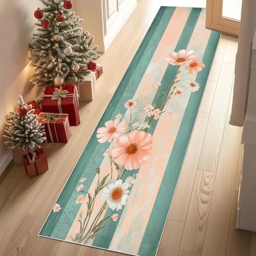 Jijliczc Blumenmuster Drucken Teppich Läufer rutschfest Waschbar 80x150 cm, Retro Malerei Blumen Flurteppich Küchenteppich Teppichläufer für Bettvorleger Wohnraum Flur Waschküche von Jijliczc