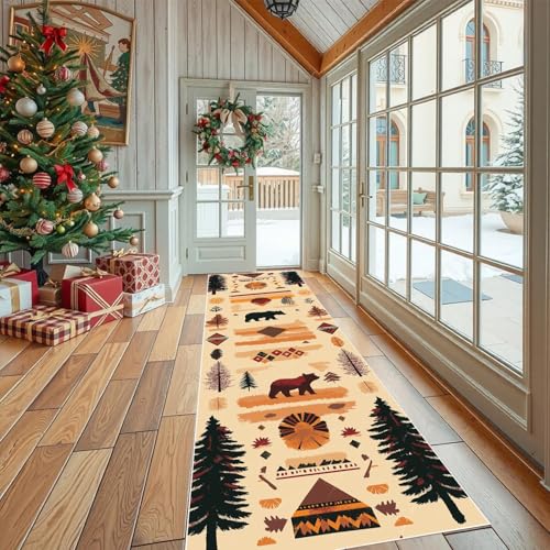 Jijliczc Braunbär Tierwelt Dschungel Teppich Flur Läufer 60 x 240 cm Stamm Ländlich Baum Teppichläufer Küchenläufer Teppiche rutschfest Waschbar für Bettvorleger Flur Küche Waschküche von Jijliczc