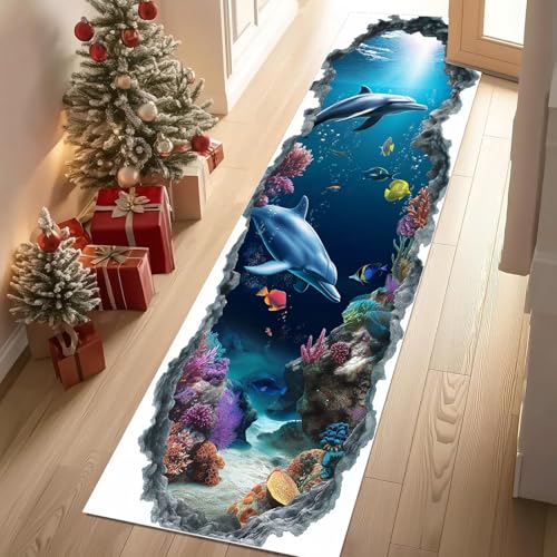 Jijliczc Delphin Meerestiere Anlage Teppich Läufer rutschfest Waschbar 80x200 cm, 3D Wand Riss Flurteppich Küchenteppich Teppichläufer für Bettvorleger Wohnraum Flur Waschküche Jijliczc Delphin Meerestiere Anlage Teppich Läufer rutschfest Waschbar 80x200 cm, 3D Wand Riss Flurteppich Küchenteppich Teppichläufer für Bettvorleger Wohnraum Flur Waschküche von Jijliczc