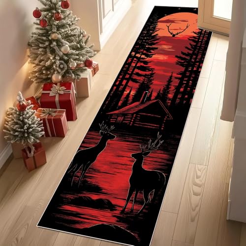 Jijliczc Dschungel Elch Tierwelt Teppich Flur Läufer Tier Baum Haus Rot Teppichläufer Küchenläufer Carpet rutschfest Waschbar für Bettvorleger Flur Küche Waschküche 66x213 cm von Jijliczc