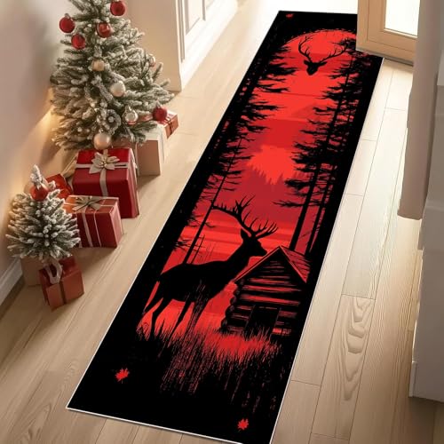Jijliczc Dschungel Elch Tierwelt Teppich Läufer rutschfest Waschbar 66x300 cm, Tier Baum Haus Rot Flurteppich Küchenteppich Teppichläufer für Bettvorleger Wohnraum Flur Waschküche von Jijliczc