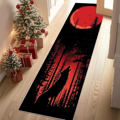 Jijliczc Dschungel Wolf Tier Teppich Läufer rutschfest Waschbar Sonnenuntergang Baum Rot Flurteppich Küchenteppich 80x240 cm, Teppichläufer für Bettvorleger Wohnraum Flur Waschküche von Jijliczc