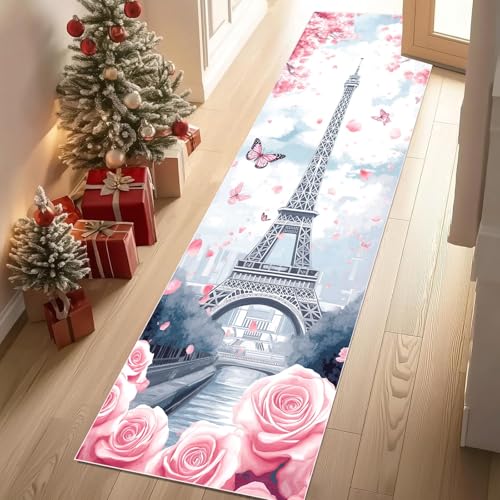 Jijliczc Eiffelturm Architektur Teppich Läufer rutschfest Waschbar 80x200 cm, Romantisch Rosen Blumen Schmetterling Flurteppich Küchenteppich Teppichläufer für Bettvorleger Wohnraum Flur Waschküche von Jijliczc