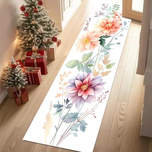 Jijliczc Farbe Blumen Anlage Teppich Flur Läufer Blumenmuster Pflanzendrucke Teppichläufer Küchenläufer 80 X 250 cm Carpet rutschfest Waschbar für Bettvorleger Flur Küche Waschküche von Jijliczc