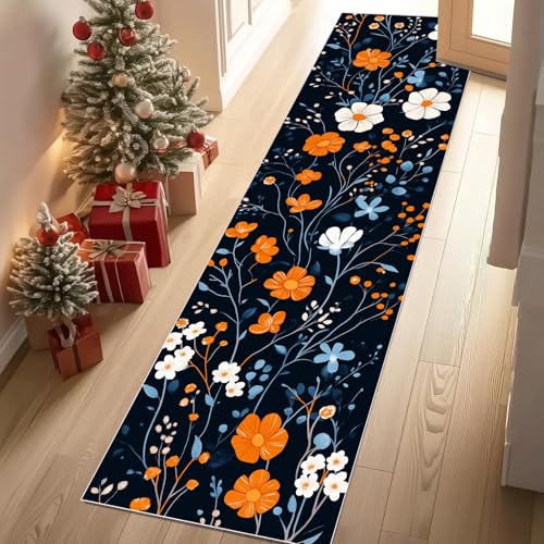 Jijliczc Farbe Blumen Anlage Teppich Läufer 60x150 cm Ländlich Blumenmuster Teppiche rutschfest Waschbar Bettumrandung Schlafzimmer, Teppichläufer für Küche, Flur, Eingangsbereich von Jijliczc
