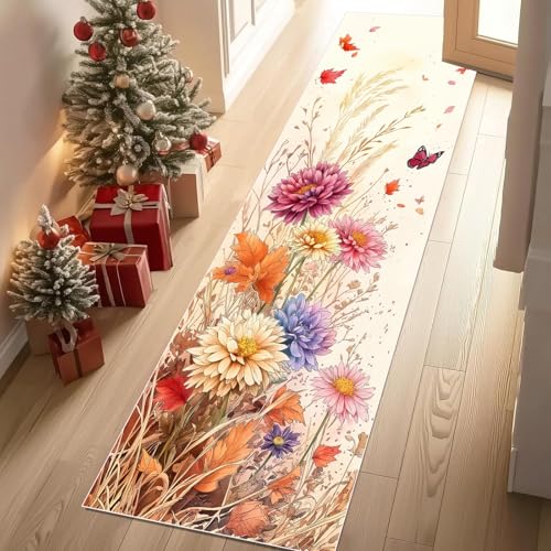 Jijliczc Farbe Chrysantheme Blumen Teppich Läufer rutschfest Waschbar 80x300 cm, Blatt Anlage Schmetterling Flurteppich Küchenteppich Teppichläufer für Bettvorleger Wohnraum Flur Waschküche von Jijliczc
