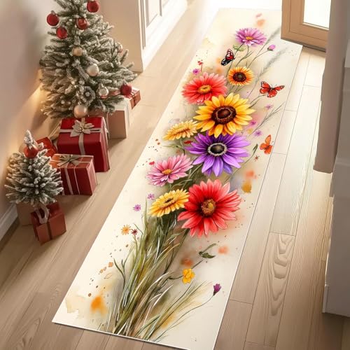 Jijliczc Farbe Gänseblümchen Teppich Flur Läufer Blumen Anlage Schmetterling Teppichläufer Küchenläufer 80 X 250 cm Carpet rutschfest Waschbar für Bettvorleger Flur Küche Waschküche von Jijliczc