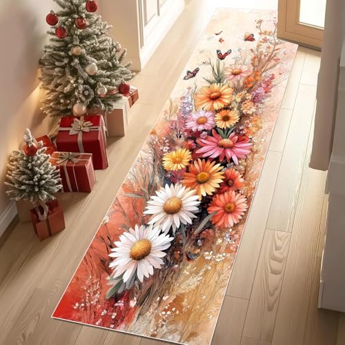 Jijliczc Farbe Gänseblümchen Teppich Flur Läufer Blumen Anlage Schmetterling Teppichläufer Küchenläufer 80 X 250 cm Carpet rutschfest Waschbar für Bettvorleger Flur Küche Waschküche von Jijliczc