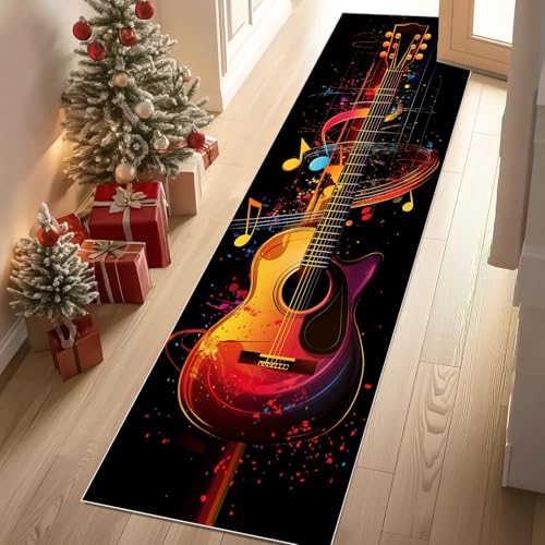 Jijliczc Farbe Gitarre Musikinstrumente Teppichläufer rutschfest Waschbar 60x180 cm, Handgezeichnet Musik Notiz Küchenteppich Flurteppich Teppich Läufer für Flur, Eingangsbereich, Küche, Wohnzimmer von Jijliczc