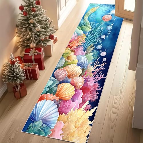 Jijliczc Farbe Hülse Meerestiere Teppichläufer rutschfest Waschbar 60x180 cm, Ozean Anlage Koralle Küchenteppich Flurteppich Teppich Läufer für Flur, Eingangsbereich, Küche, Wohnzimmer von Jijliczc