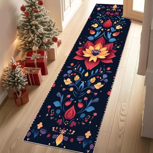 Jijliczc Farbe Lotus Blumen Teppich Flur Läufer Blumenmuster Blütenblatt Blatt Teppichläufer Küchenläufer Carpet rutschfest Waschbar für Bettvorleger Flur Küche Waschküche 80x100 cm von Jijliczc