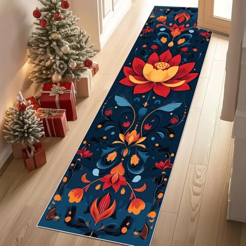 Jijliczc Farbe Lotus Blumen Teppich Flur Läufer Blumenmuster Blütenblatt Blatt Teppichläufer Küchenläufer Carpet rutschfest Waschbar für Bettvorleger Flur Küche Waschküche 80x180 cm von Jijliczc