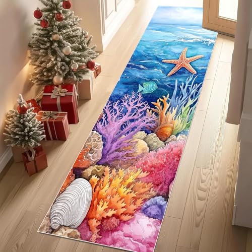 Jijliczc Farbe Meerestiere Teppich Läufer 60x120 cm Meer Muschel Hülse Seestern Carpet rutschfest Waschbar Bettumrandung Schlafzimmer, Teppichläufer für Küche, Flur, Eingangsbereich Jijliczc Farbe Meerestiere Teppich Läufer 60x120 cm Meer Muschel Hülse Seestern Carpet rutschfest Waschbar Bettumrandung Schlafzimmer, Teppichläufer für Küche, Flur, Eingangsbereich von Jijliczc