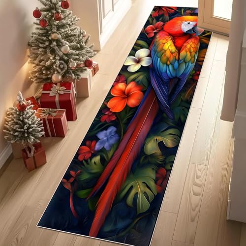 Jijliczc Farbe Papagei Vögel Blumen Teppich Flur Läufer 60 x 240 cm Anlage Blatt Blumenmuster Teppichläufer Küchenläufer Teppiche rutschfest Waschbar für Bettvorleger Flur Küche Waschküche von Jijliczc