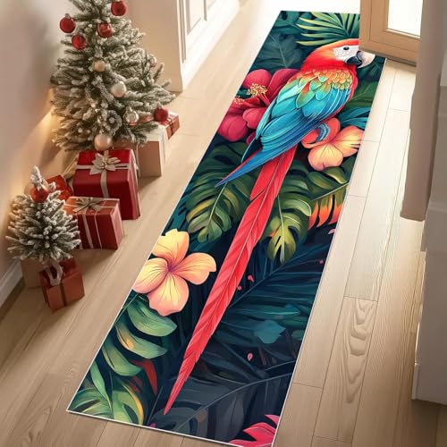 Jijliczc Farbe Papagei Vögel Blumen Teppich Flur Läufer 60 x 240 cm Anlage Blatt Blumenmuster Teppichläufer Küchenläufer Teppiche rutschfest Waschbar für Bettvorleger Flur Küche Waschküche von Jijliczc