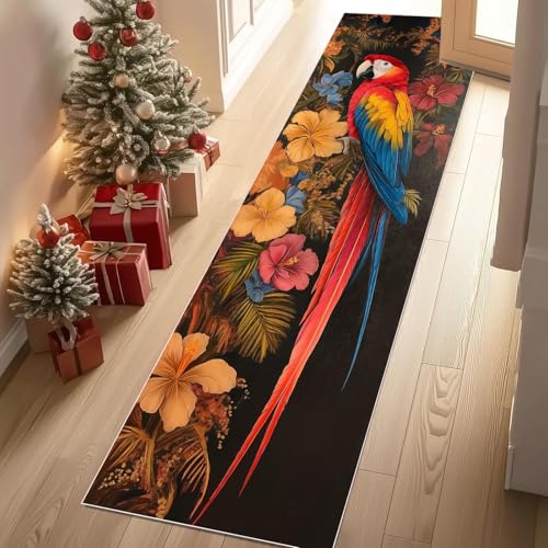 Jijliczc Farbe Papagei Vögel Blumen Teppich Läufer rutschfest Waschbar 66x300 cm, Anlage Blatt Blumenmuster Flurteppich Küchenteppich Teppichläufer für Bettvorleger Wohnraum Flur Waschküche von Jijliczc