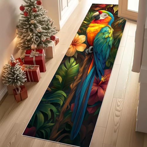 Jijliczc Farbe Papagei Vögel Blumen Teppich Läufer rutschfest Waschbar 80x200 cm, Anlage Blatt Blumenmuster Flurteppich Küchenteppich Teppichläufer für Bettvorleger Wohnraum Flur Waschküche von Jijliczc