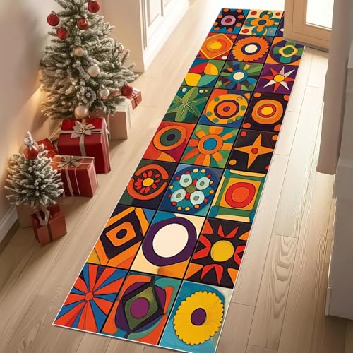Jijliczc Farbe Patchwork Abstrakt Blumen Teppich Flur Läufer Geometrie Netz Plaid Teppichläufer Küchenläufer Carpet rutschfest Waschbar für Bettvorleger Flur Küche Waschküche 66x213 cm von Jijliczc