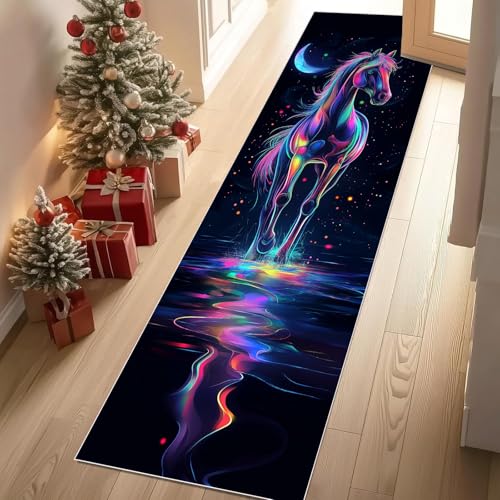 Jijliczc Farbe Pferd Flüssigkeit Teppich Läufer rutschfest Waschbar 80x200 cm, Fantasie Mond Sternenhimmel Flurteppich Küchenteppich Teppichläufer für Bettvorleger Wohnraum Flur Waschküche von Jijliczc