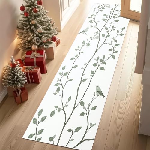 Jijliczc Filialen Vögel Tier Teppich Läufer rutschfest Waschbar 80x200 cm, Karikatur Baum Blatt Flurteppich Küchenteppich Teppichläufer für Bettvorleger Wohnraum Flur Waschküche von Jijliczc